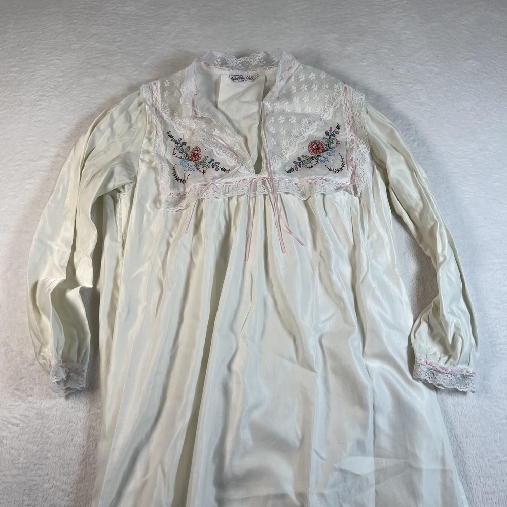 Vintage Bert Yalin For Iris Gown Womens M White Satin Lace Floral Embroidered